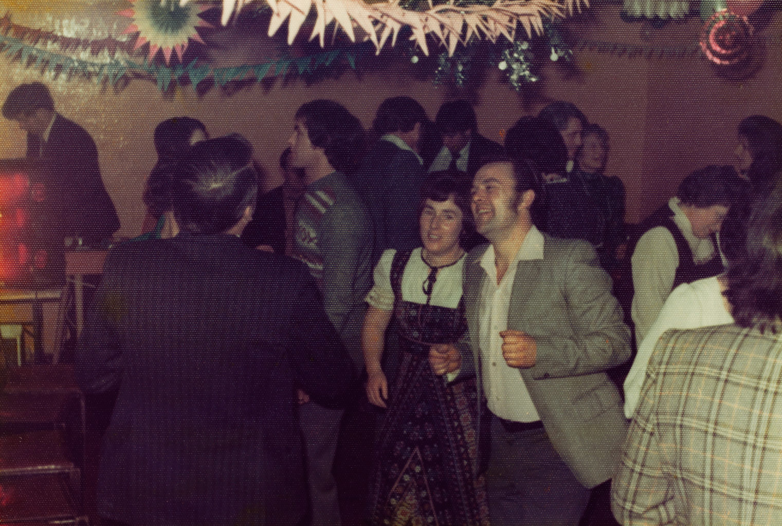 198? Minsterley Christmas Party. Pete Bromley identifies Graham Bromley and Val Bromley. Dave Jones suggests "Is that David Webster to the left of Val?" (Joe Lyons Collection)