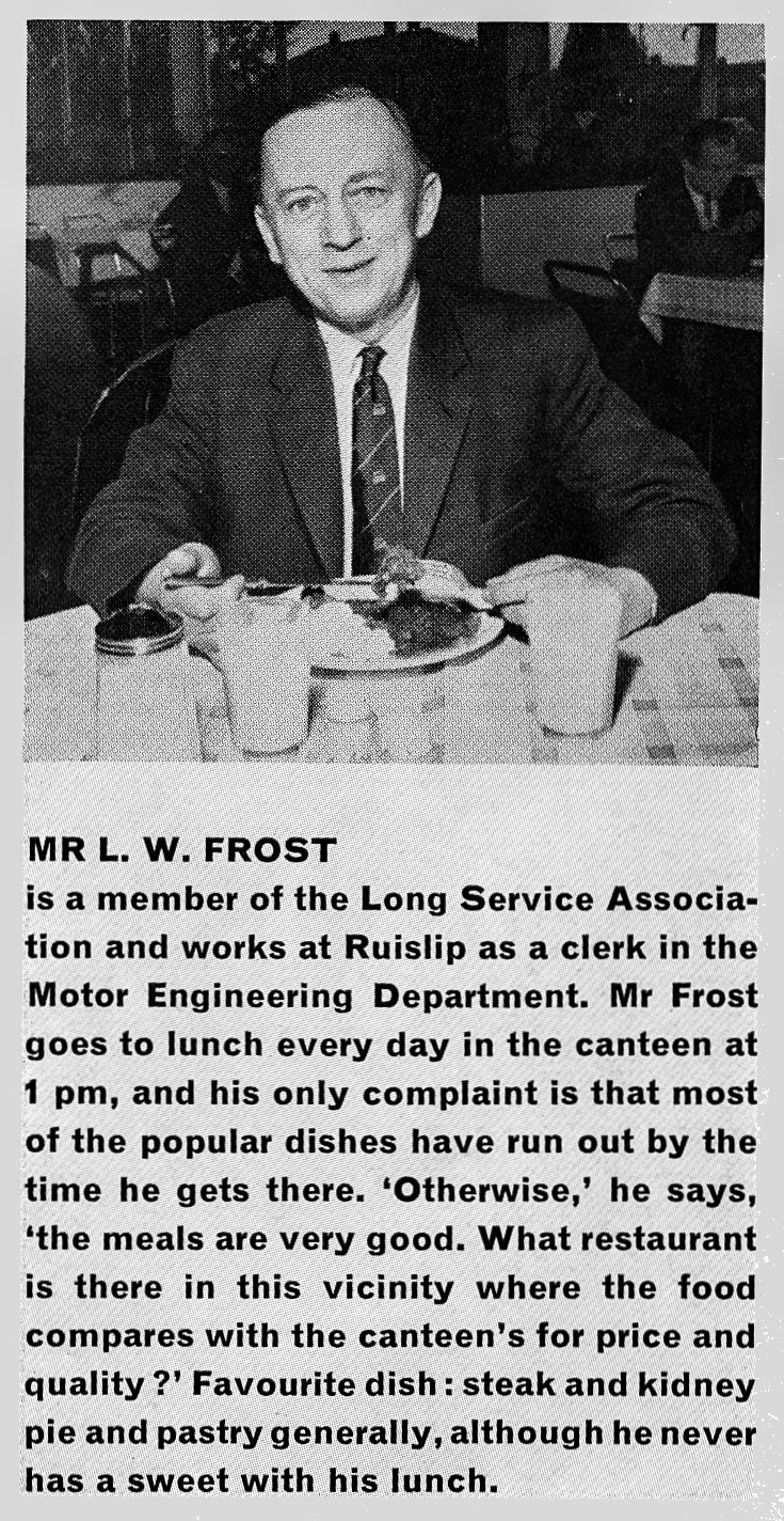 1963 Canteen user Mr L.W. Frost, Motor Engineering Clerk at South Ruislip, from Staff Canteen Feature. Roger Frost comments "That’s my old dad". (Express News Autumn)