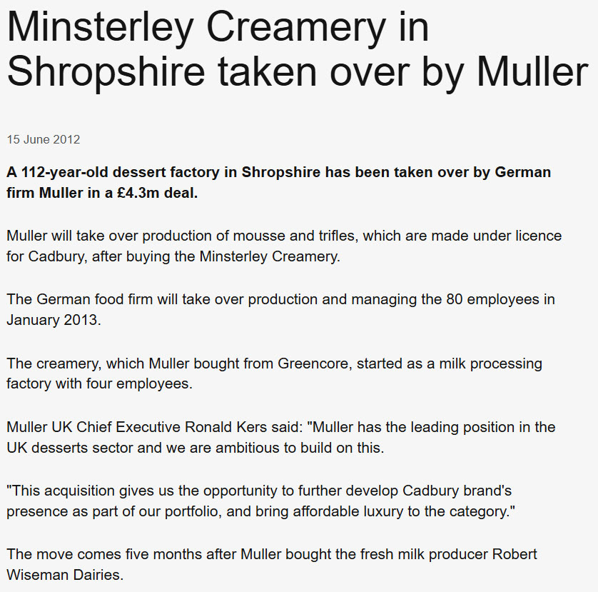 2012 BBC News announcement of purchase of Minsterley Creamery by Muller (Courtesy BBC News)