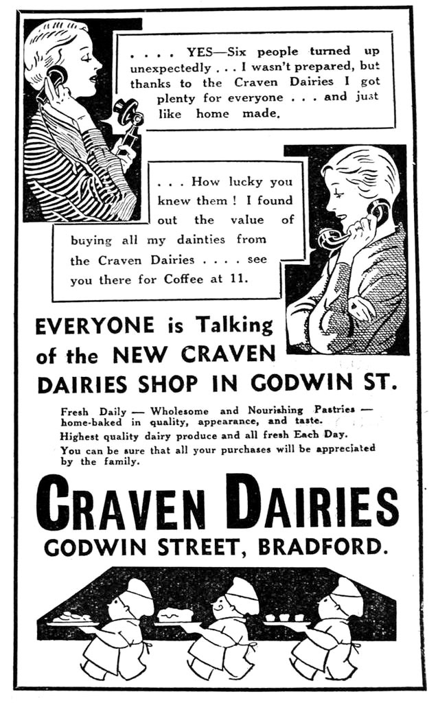1940 Craven Dairies was purchased by Express in 1952, which included the new dairy which was then being built by Craven Dairies. These trade advertisements were earlier, featuring 15 Darley Street, Bradford and 102 Godwin Street, Bradford (Courtesy Bradford Timeline, Flickr, from Bradford Trade Directory)