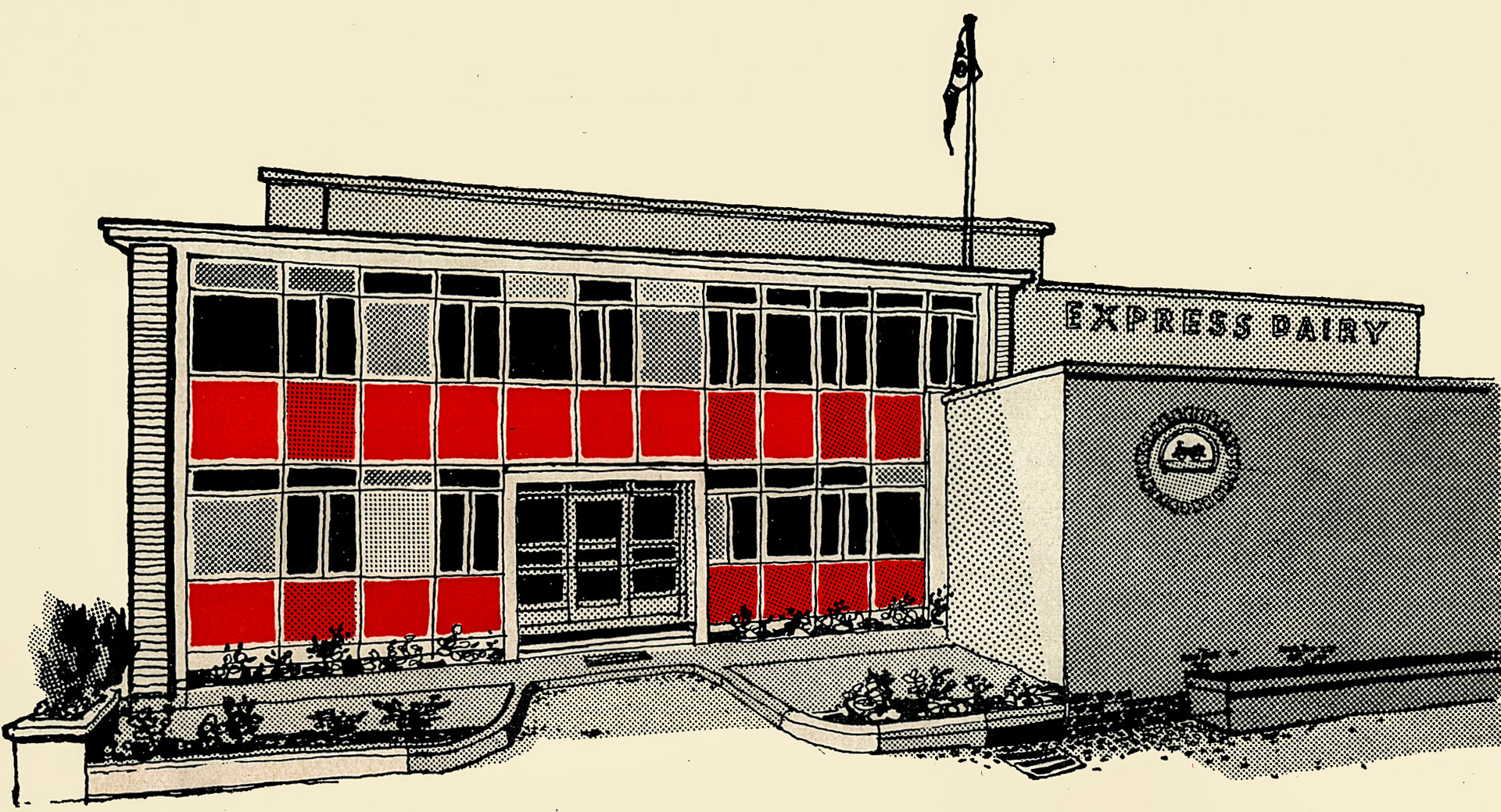 1958 Wakefield Dairy opens, pen and ink drawing from Express News December