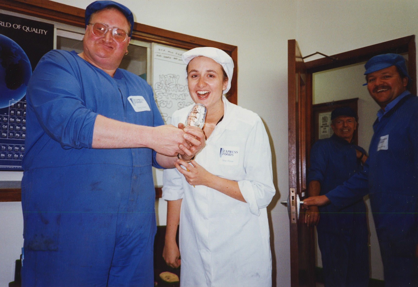 1991 Honiton-Soo comments "Somewhat rude icicle 'present' from the fork lift boys-'Jumbo', Soo, Dave Lapping and Brian Salter" (Courtesy Soo Rose-Cook)