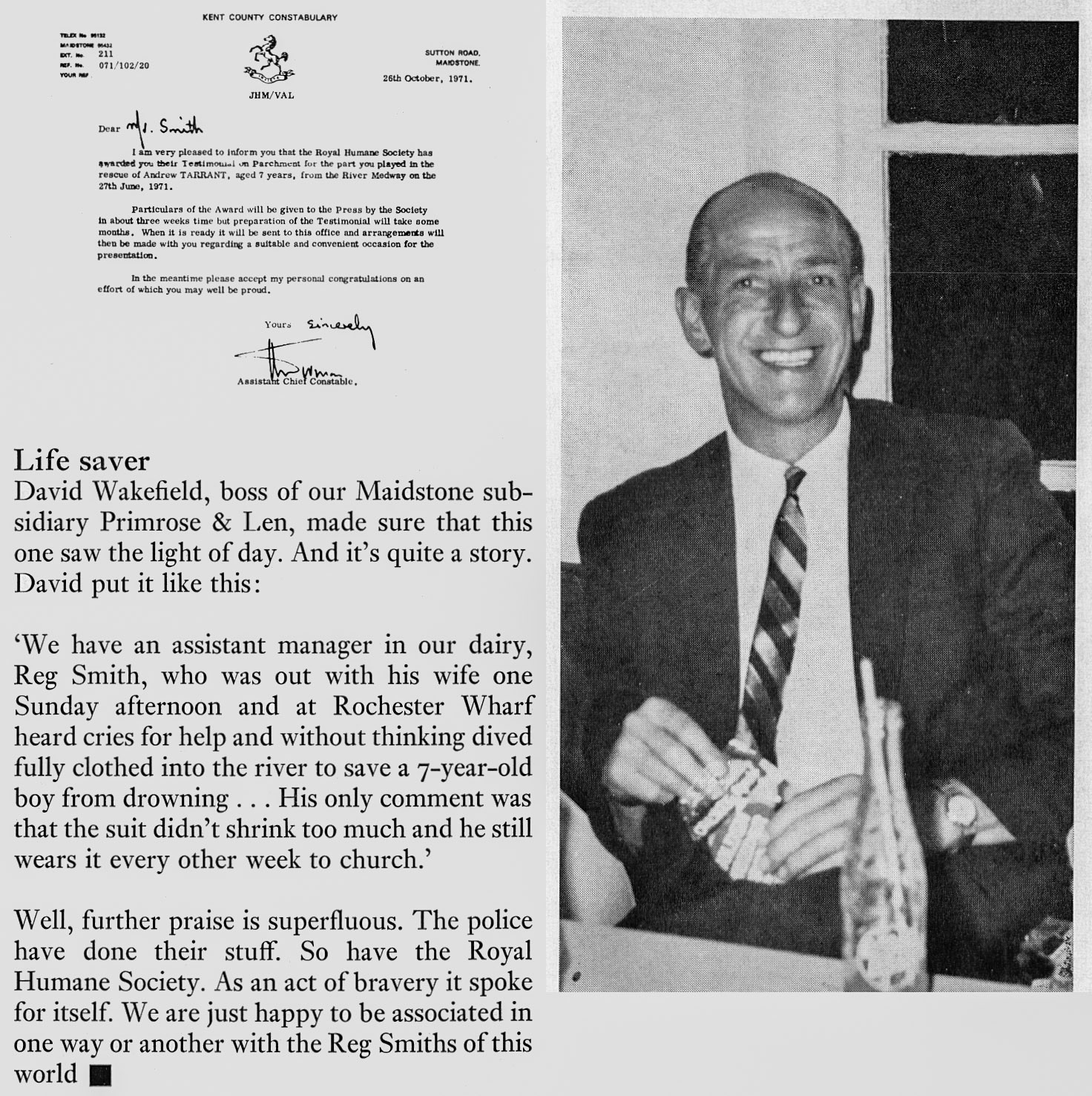 1972 Maidstone Assistant Manager Reg Smith receives an award for bravery.  (Express News Spring)