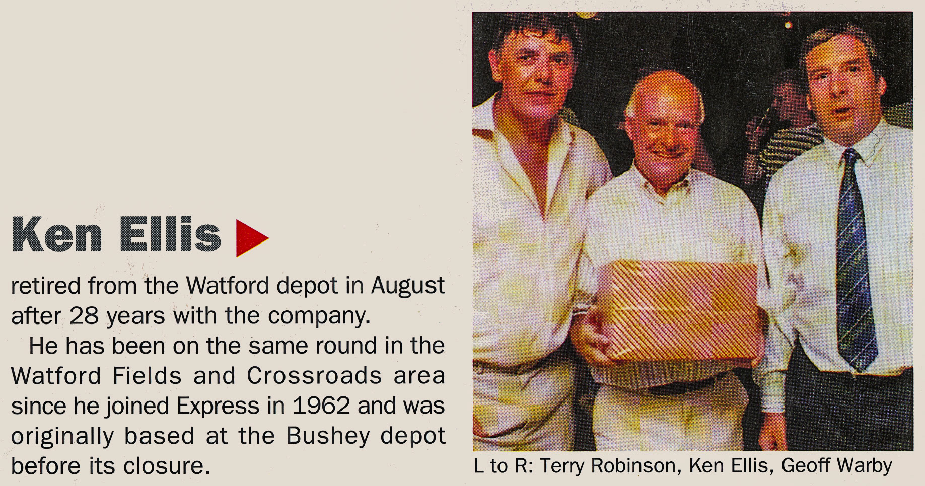 1990 Watford retirement-Ken Ellis with Terry Robinson and Geoff Warby (1990 Winter Tops Magazine, Courtesy Beryl Purslove)