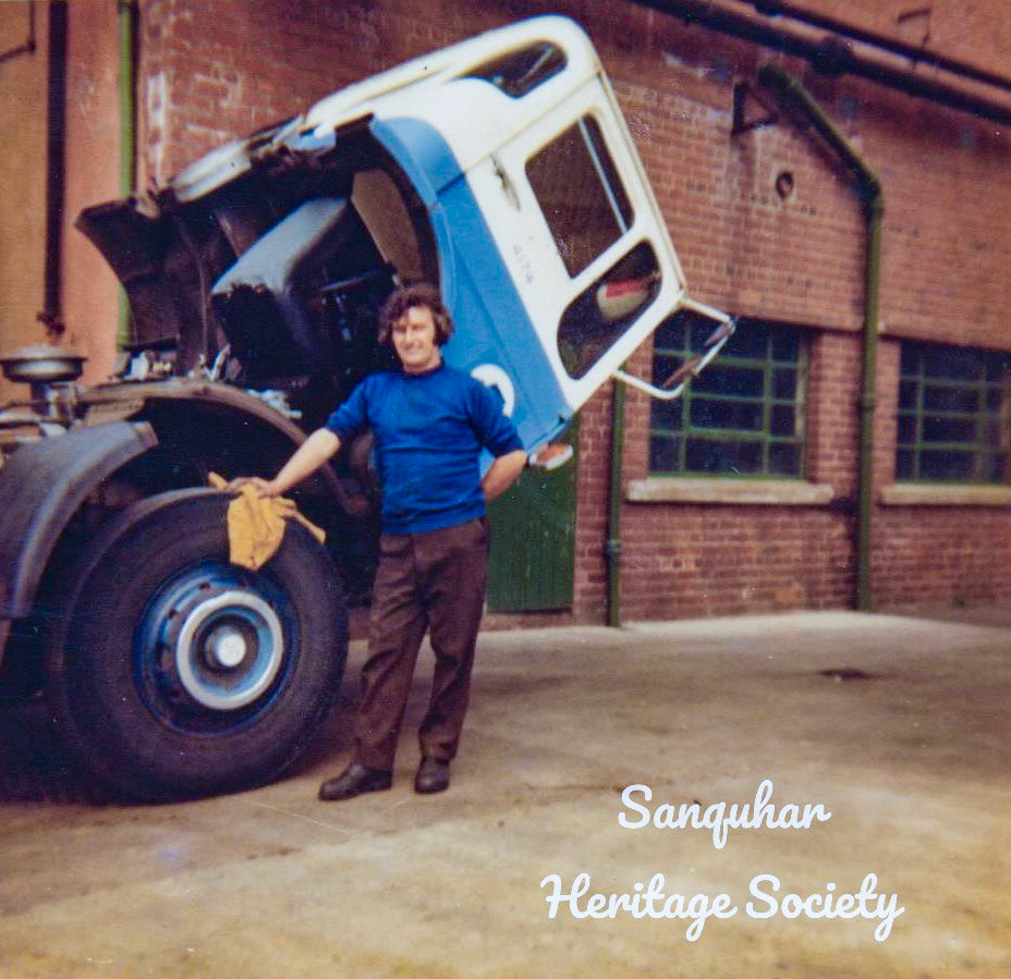 1970's Sanquhar Creamery. John Tup Cameron comments "My Dad, Ian Cameron". Roger Frost comments "The very first Ergomatic cabs like the one shown in this picture had the problem of tilting unexpectedly. Which of course was very dangerous for all concerned especially the poor driver." (Courtesy The Royal Burgh of Sanquhar Heritage Society)