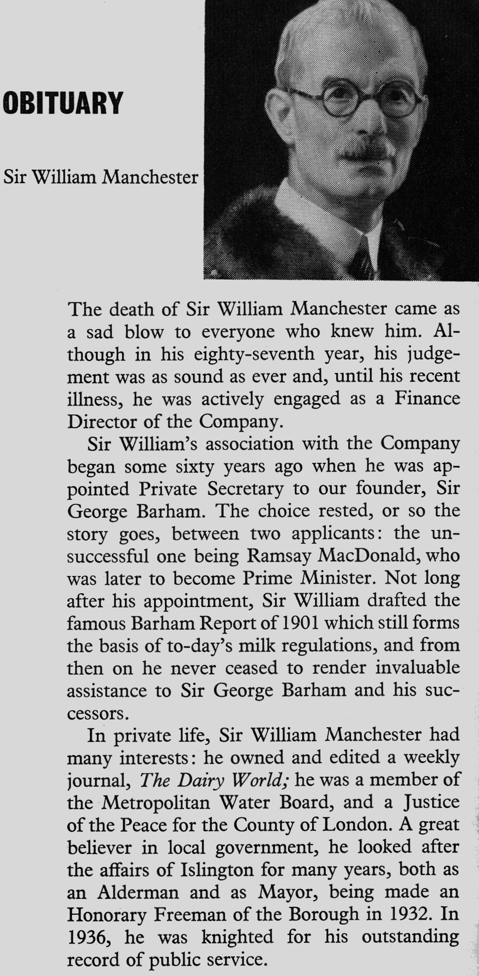 1956 Obituary of Sir William Manchester, Finance Director (Express News July)