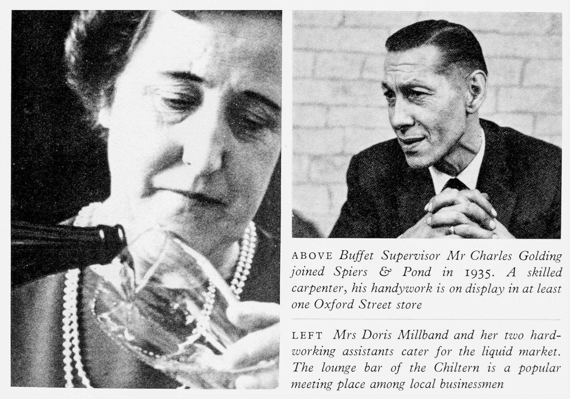 1962 Spiers &amp; Pond-Chiltern Restaurant staff: Mrs Doris Millband pouring a drink, and Buffet Supervisor Mr Charles Golding. (Express News Autumn)