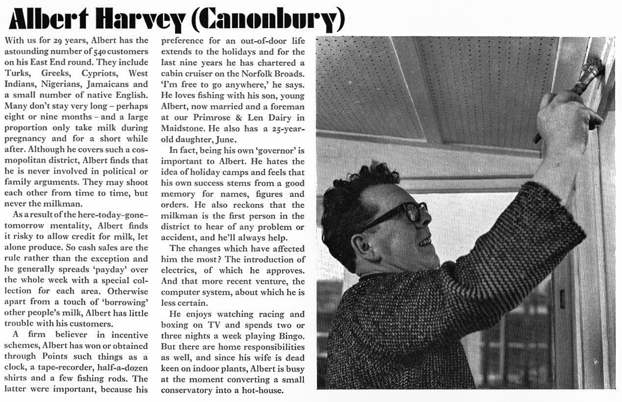 1969 Albert Harvey, Canonbury. Express News article profiling milkmen from different depots (Express News-Spring)