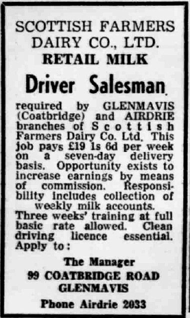 1969 Scottish Farmers advertise for salesmen in Airdrie and Coatbridge. (Courtesy Cumbernauld News - Thursday 26 June)