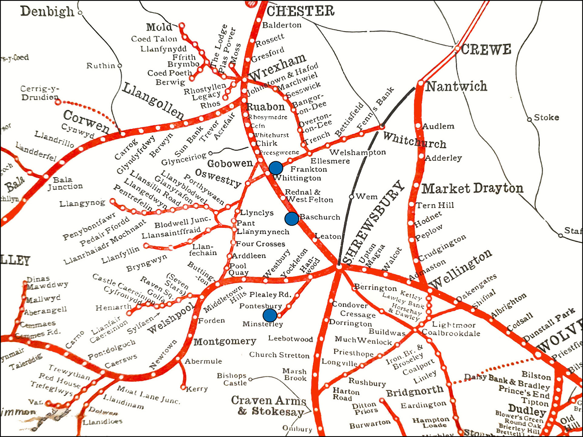 1923 GWR map of Oswestry area, with Express Creameries marked. (Original courtesy Michael Armstrong-Smith)