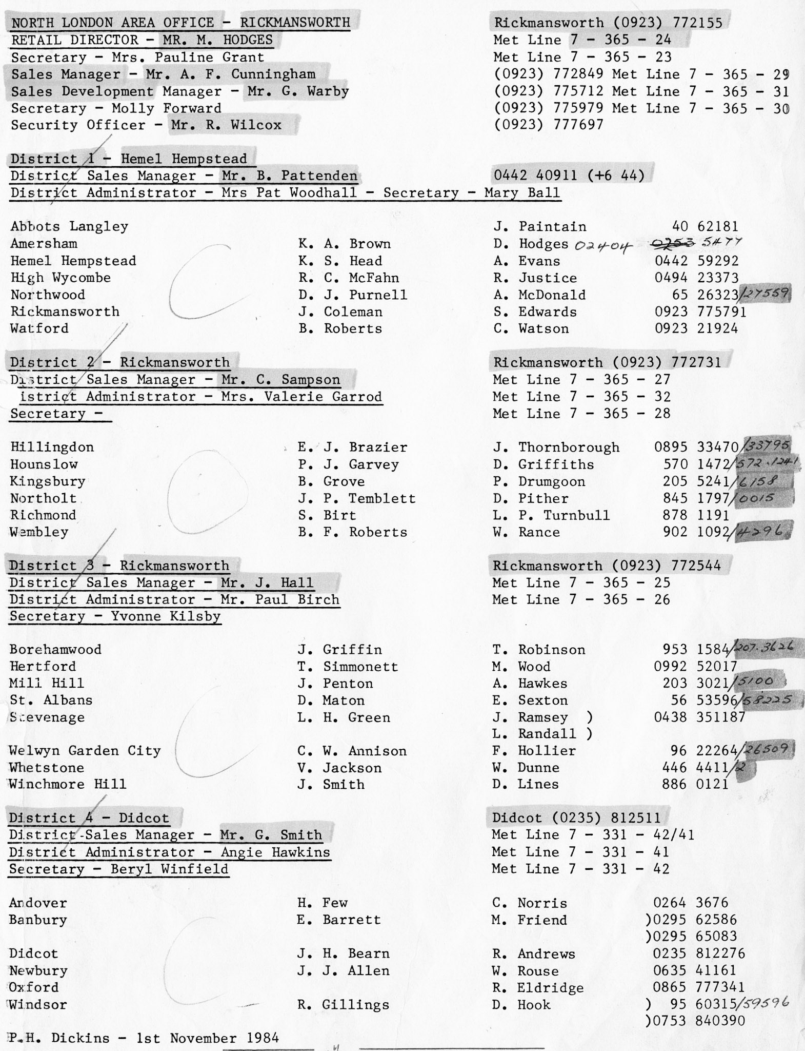 1984 Express Depot List (Courtesy Beryl Purslove)