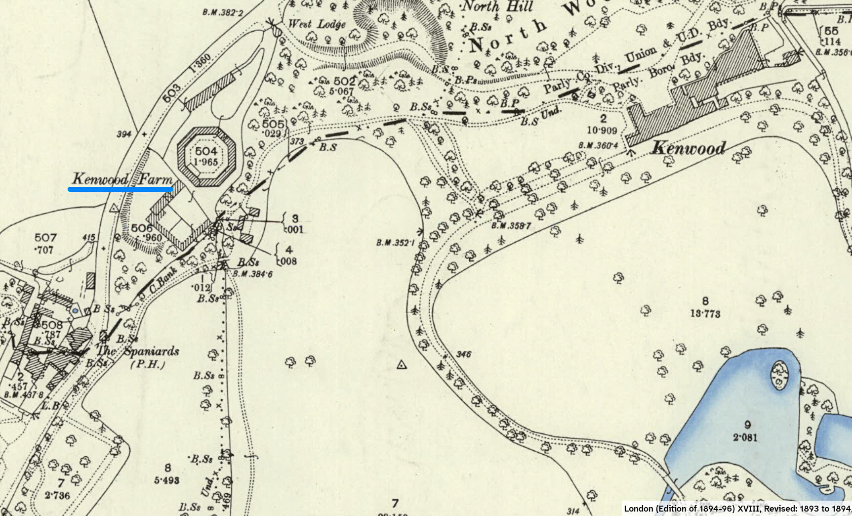 1894 Location of Express Dairy's 'Octagon Farm', Kenwood, demolished in 1935.(Map Courtesy National Library of Scotland)