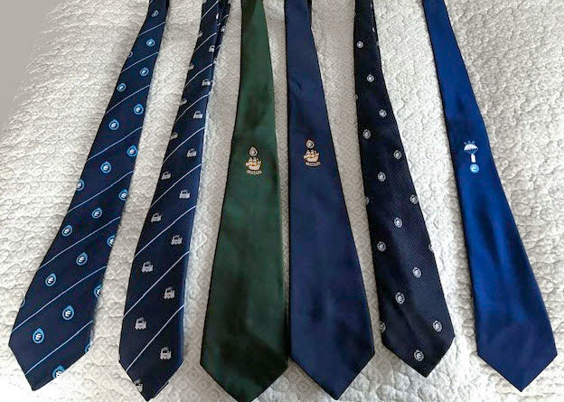 1980's Selection of Express ties presented to George Streeting. Lindsey Cannon, his daughter, explains "Dad was born in 1923 and served in the RAF during WW2 as a night fighter pilot. Dad joined Express Dairies at Morden as Control Checker, and often worked night shifts. He then worked at South Ruislip, Newbury, Didcot, back to South Ruislip then to Exeter, from where he retired in 1986. He died in 2018 a few weeks before his 95th birthday. (Courtesy Lindsey Cannon, nee Streeting)