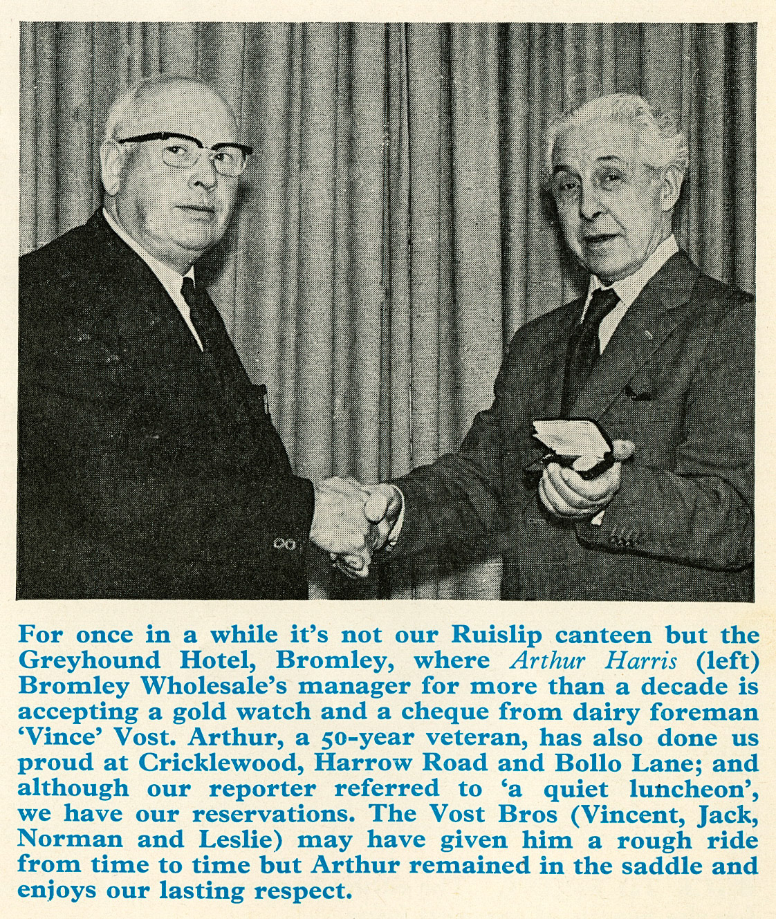1975 Arthur Harris retires from Bromley Processing as Manager after 50 years, presented with a gold watch by Vince Vost