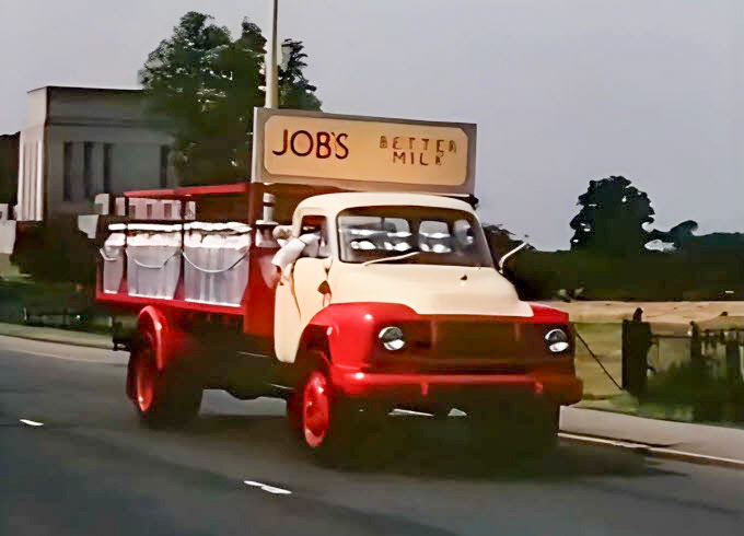1960's - Job's churn collection lorry outside Hanworth Dairy. (Still from Job's 'A Better Milk Story' )