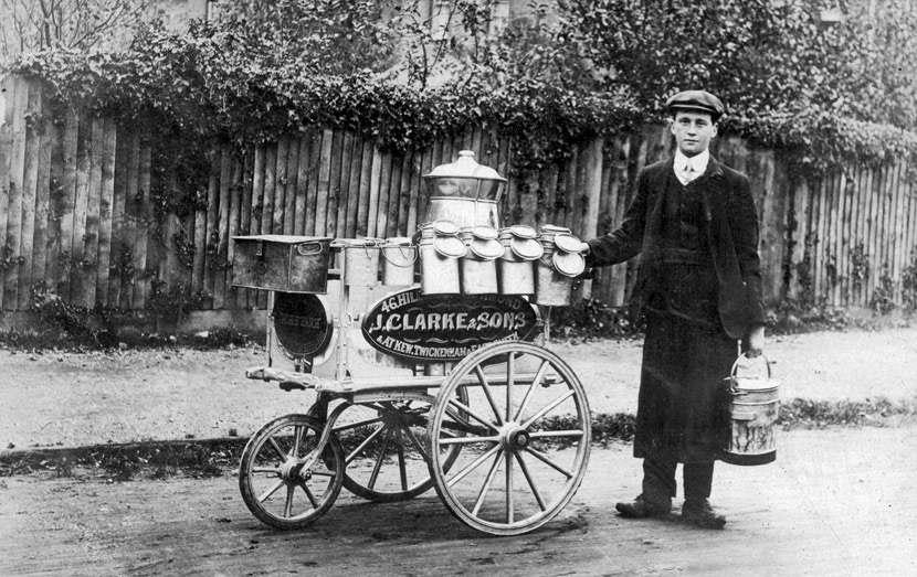 1890's J Clarke & Sons Hand Cart. Alan Bissell comments "The Clarke family moved from Paddington to Richmond in 1890 to take over the dairy business that had already been established at 14 Upper Hill Street, Richmond - known as Sudbrook Farm. By 1901 the Clarke family had expanded their successful dairy business and opened a second shop in the newly constructed Cambridge Parade in Richmond Road, East Twickenham. Chris Forrester added "They later amalgamated with Hornby Dairies to become Hornby & Clarke. Miss Hornby lived at the big cottage opposite the pond at Palewell Common. I used to deliver her papers when I worked at Maynards Newsagents.(Courtesy Twickenham Park Residents Association)