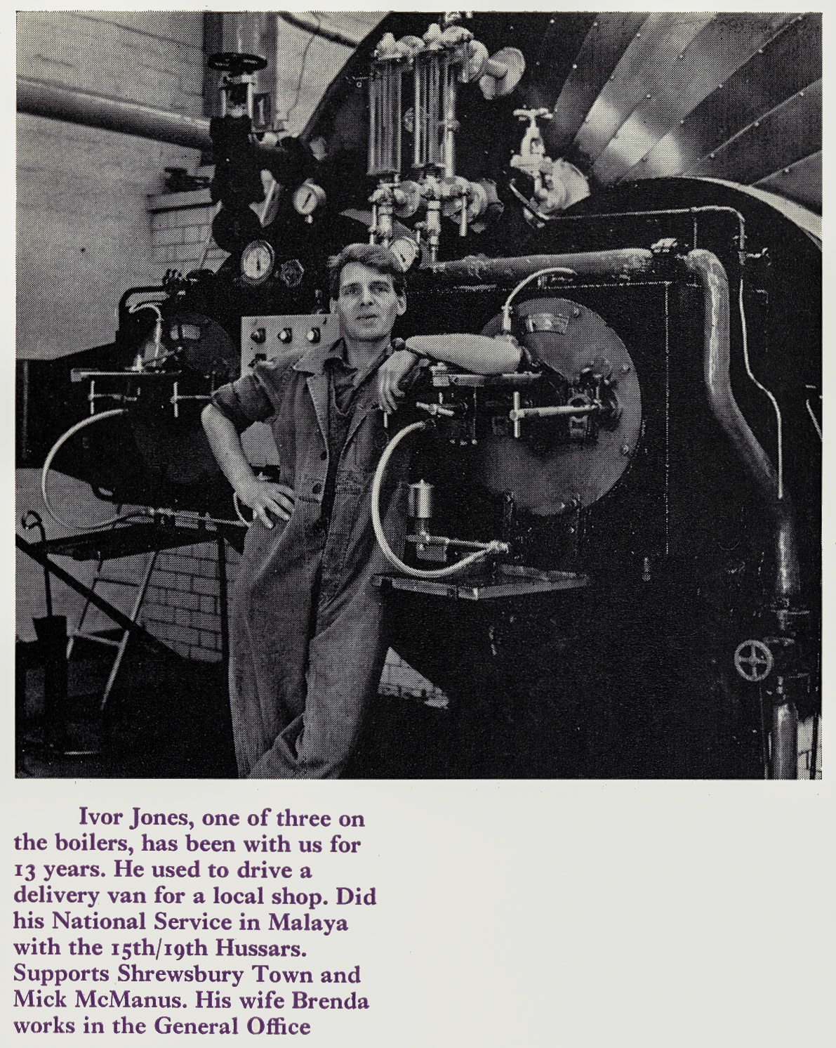 1970 Ruyton Ivor Jones, one of three boiler attendants. Wife Brenda works in the General Office (Courtesy Doreen Williams)