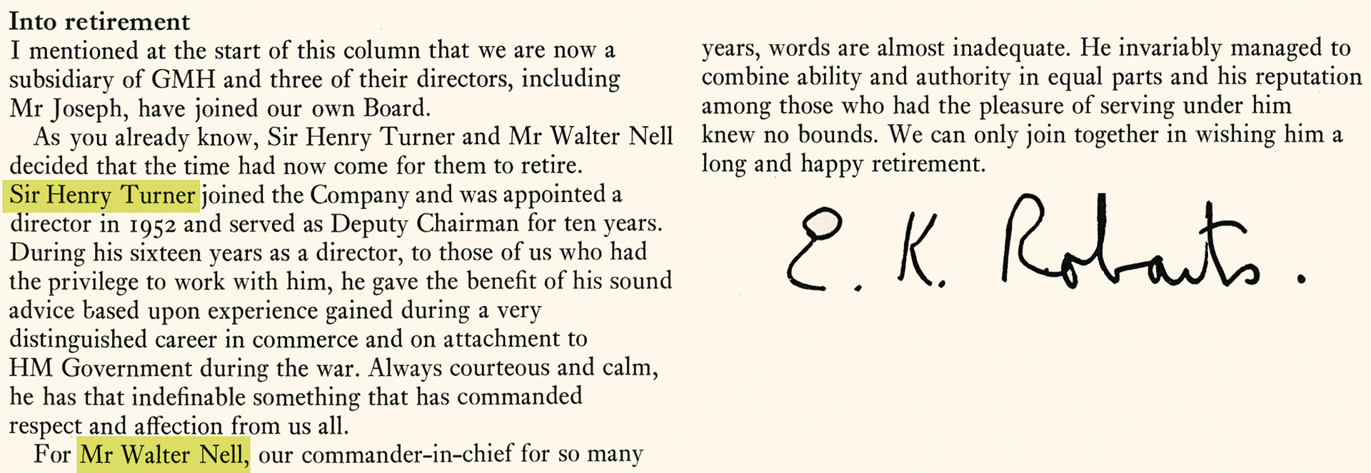 1969 Two important retirements following the acquisition of Express by Grand Met - Sir Henry Turner and Walter Nell. (Express News Christmas)