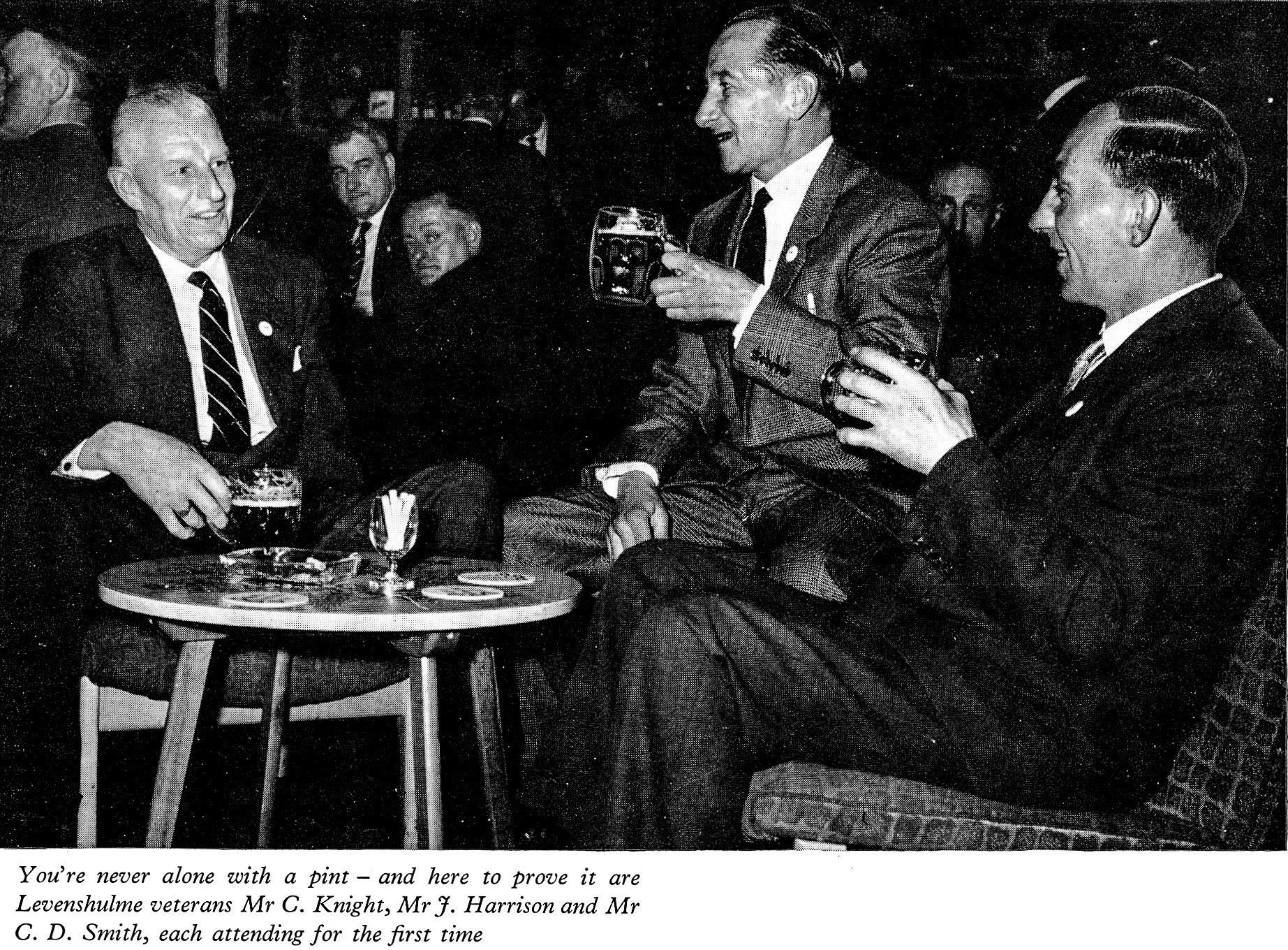 1961 Long Service Dinner at The Edinburgh Suite, Belle Vue, Manchester, Levenshulme staff Mr C. Knight, Mr J. Harrison and Mr C.D. Smith. (LSA Annual Review)
