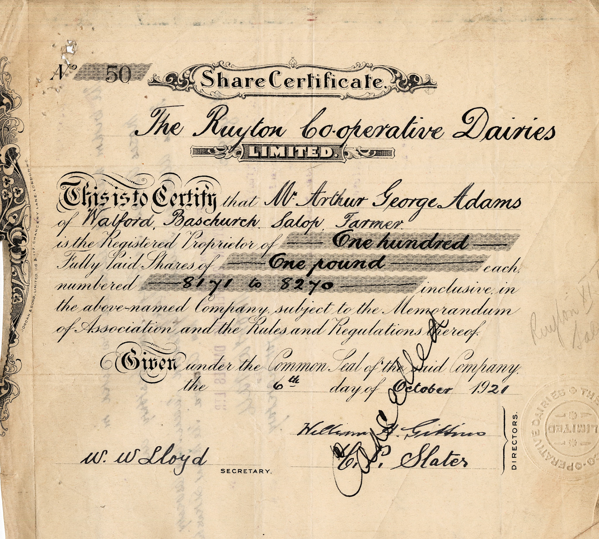 1921 Share Certificate-Mr Arthur George Adams