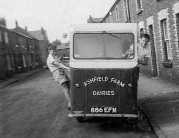 1960's? Ashfield Farm Dairies milk float, in Rudd Street, Hoylake. Kevin Radford on the left, while his dad was having a tea break. (Courtesy John Cronin, HoylakeJunction.com, Photo: Kevin Radford)