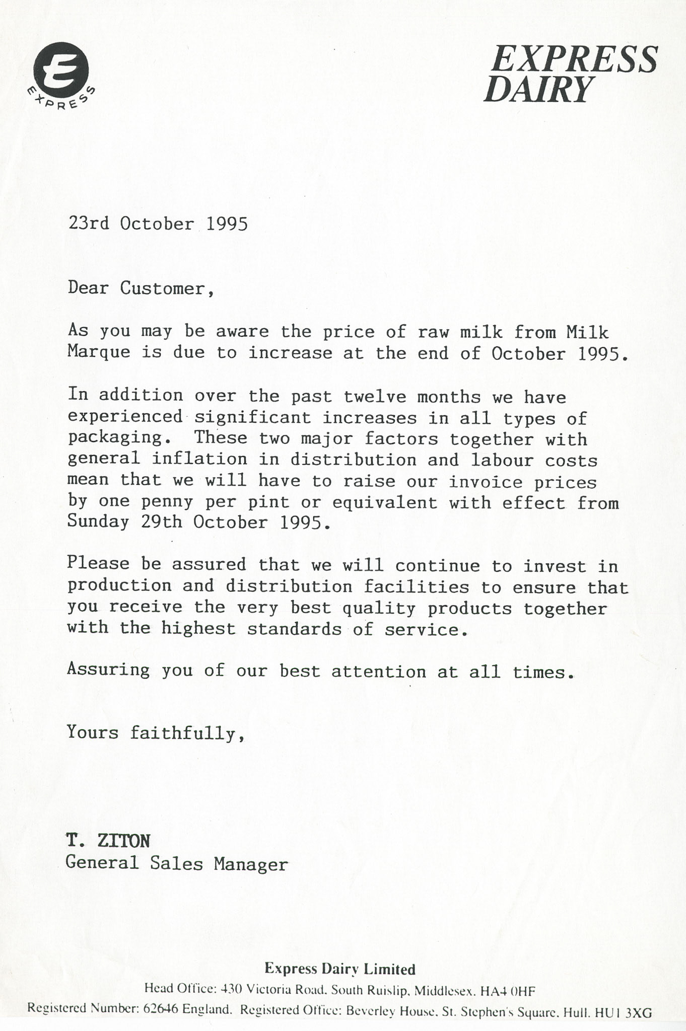 1995 Letter from Terry Ziton, Express General Sales Manager to Brazier's informing them about 1p/ pint increase in milk prices. (Courtesy Paul Luke)