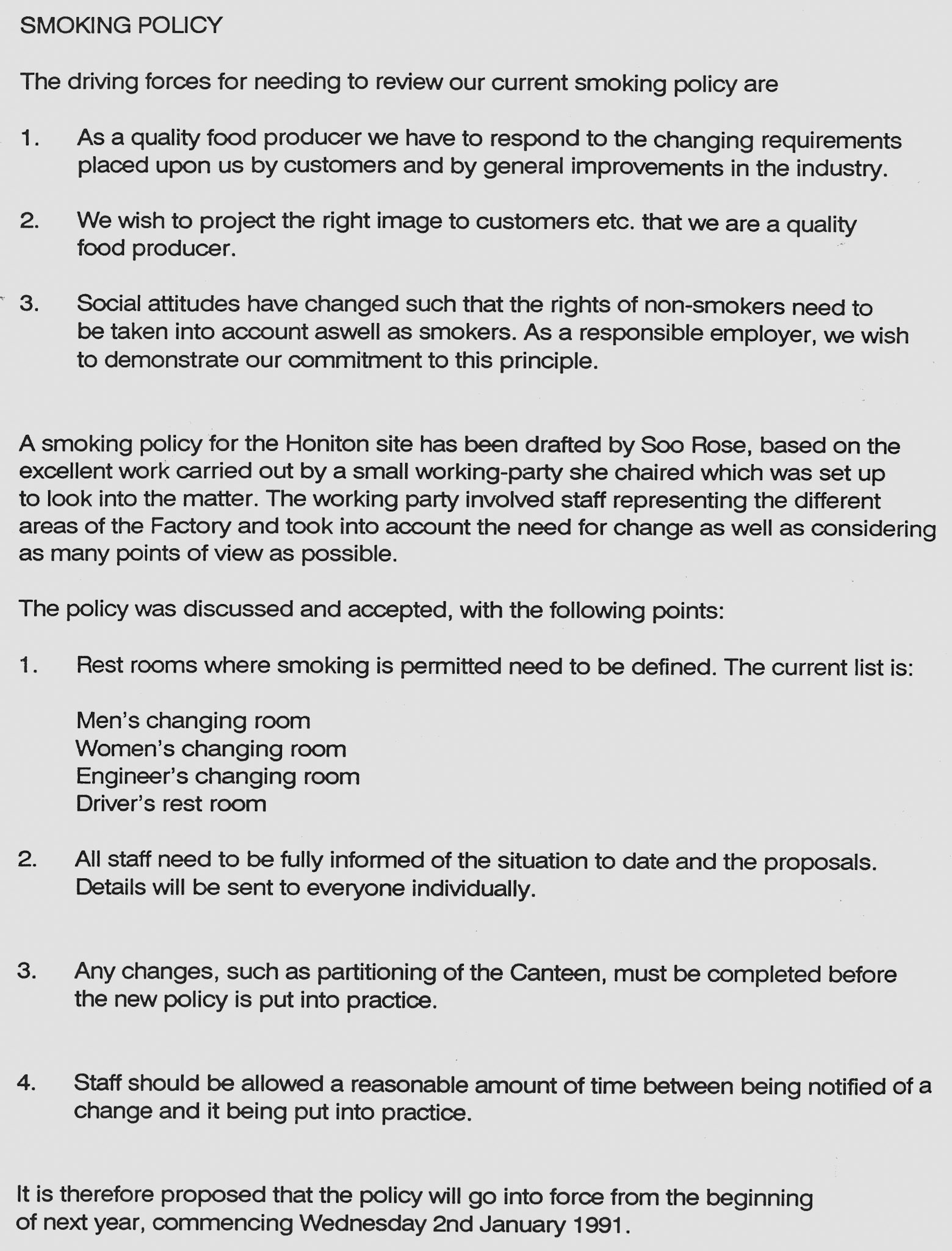 1990 Honiton-Introduction of smoking policy, with segregation of canteen areas. (Courtesy Soo Rose-Cook)