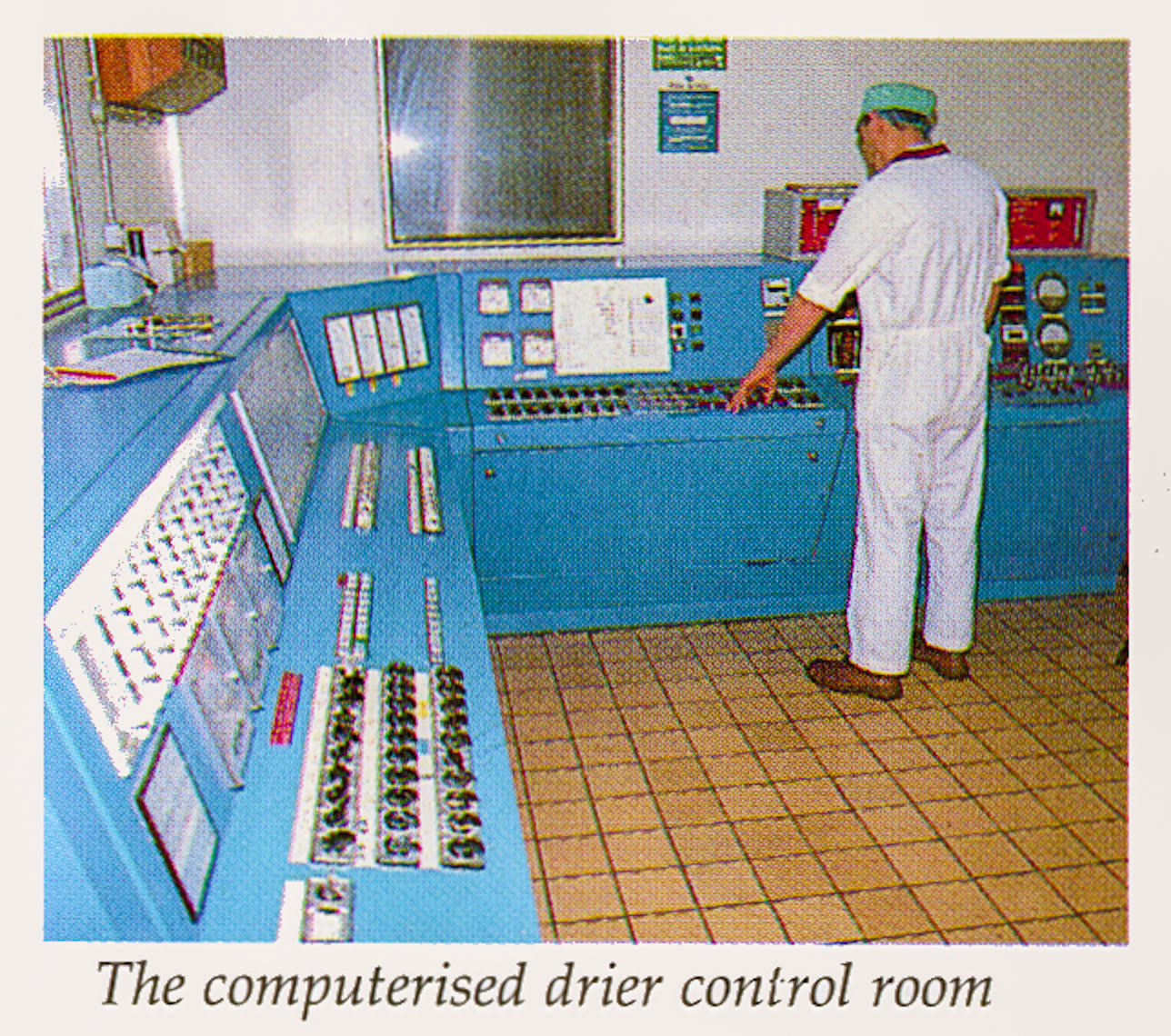 1987 Ruyton Creamery brochure image-drier control room. Roger Haynes identifies Steve Lewis, "he must have been operating the Drying Plant when the photos were done." (Ruyton Co-operative Dairies Archive)