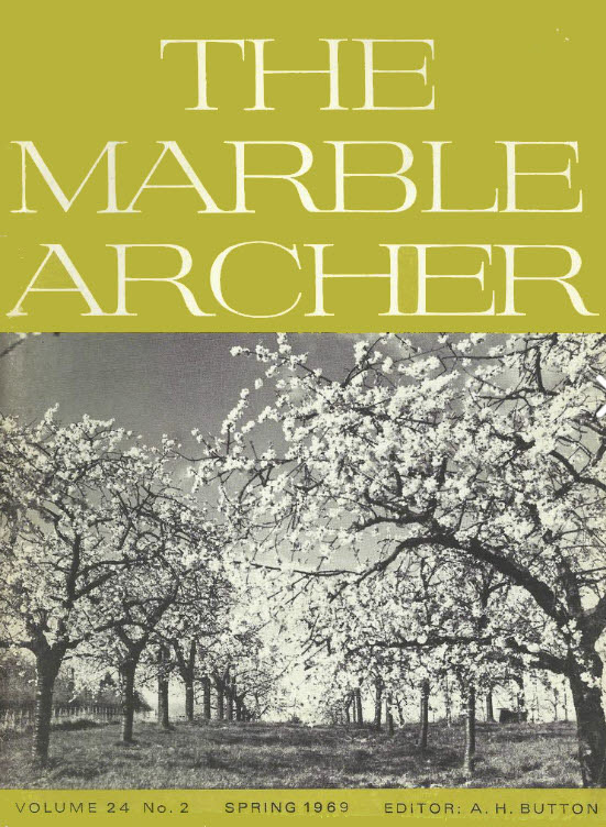 1969 Front Cover of 'The Marble Archer', house magazine of Cadbury Schweppes who had just acquired Goldhanger Fruit Farms. "Blossom time in the Vale of Evesham. Later in the year, selected crop from this famous fruit growing area of Worcestershire will go to Goldhanger for processing and canning" (From 'The Marble Archer' house magazine, Spring 1969)