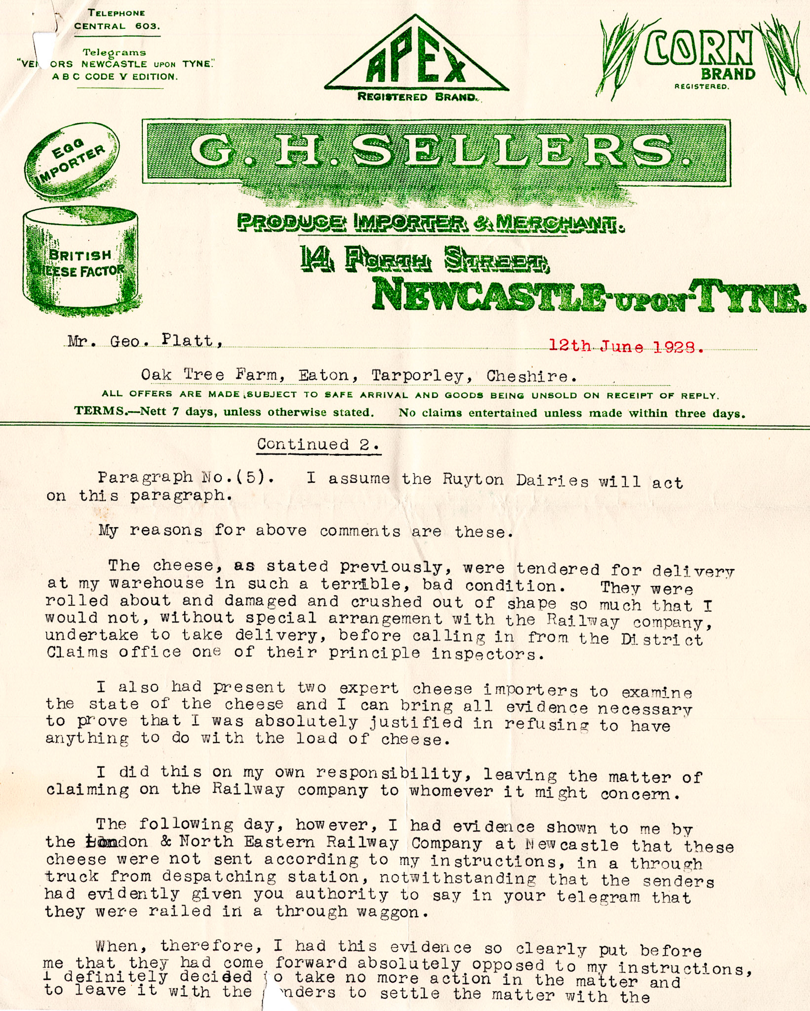 1928 Correspondence regarding a dispute between Ruyton Co-operative Dairies, the Great Western Railway, and Mr G.H. Sellers of Newcastle on Tyne about a cheese delivery that was refused.