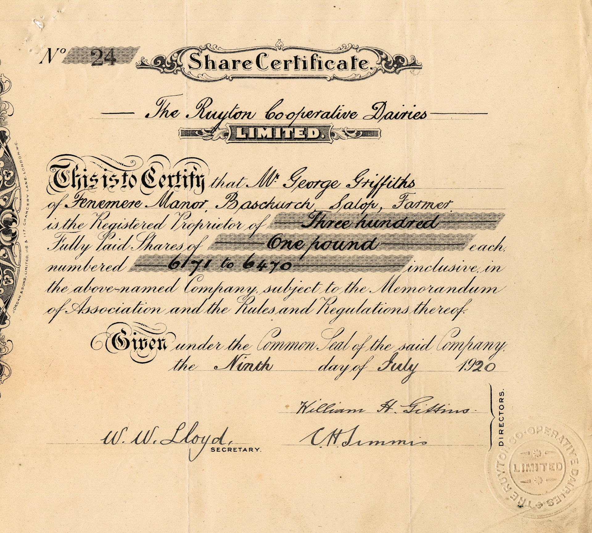 1920 Share Certificate-Mr George Griffiths