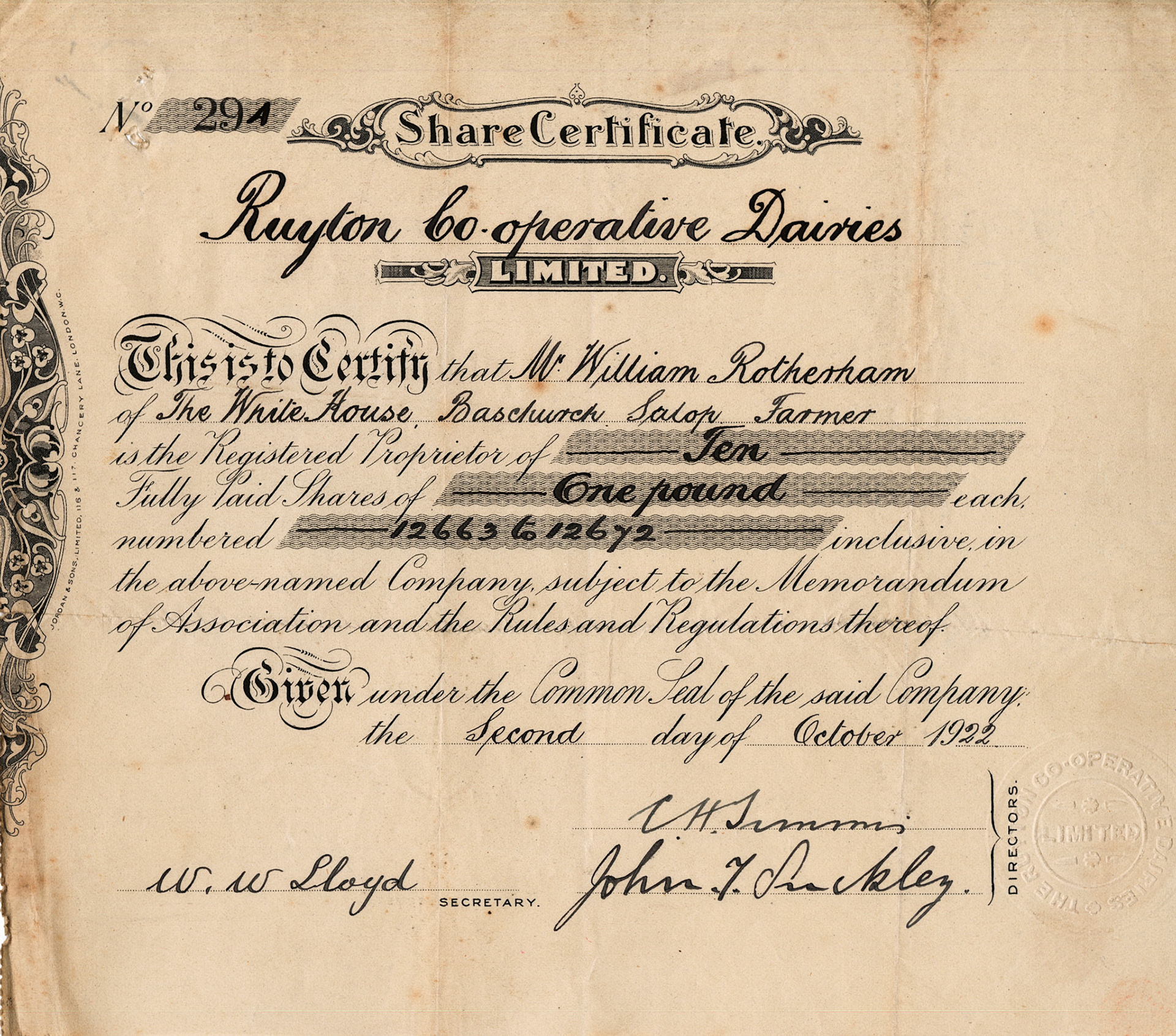 1922 Share Certificate-Mr William Rotherham