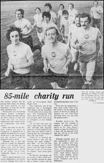 1983 Cuddington, charity run. The runners are (left to right):John Payne, Rick Duffy, Steve Blakemore, Stuart Colwill, Riki Dymond, Mark Hubert, Bill Ince, Duncan Gray, Mike Naden, Bob Conkie, Mark Lapworth, Mike Lapworth. (Courtesy Steve Blakemore)