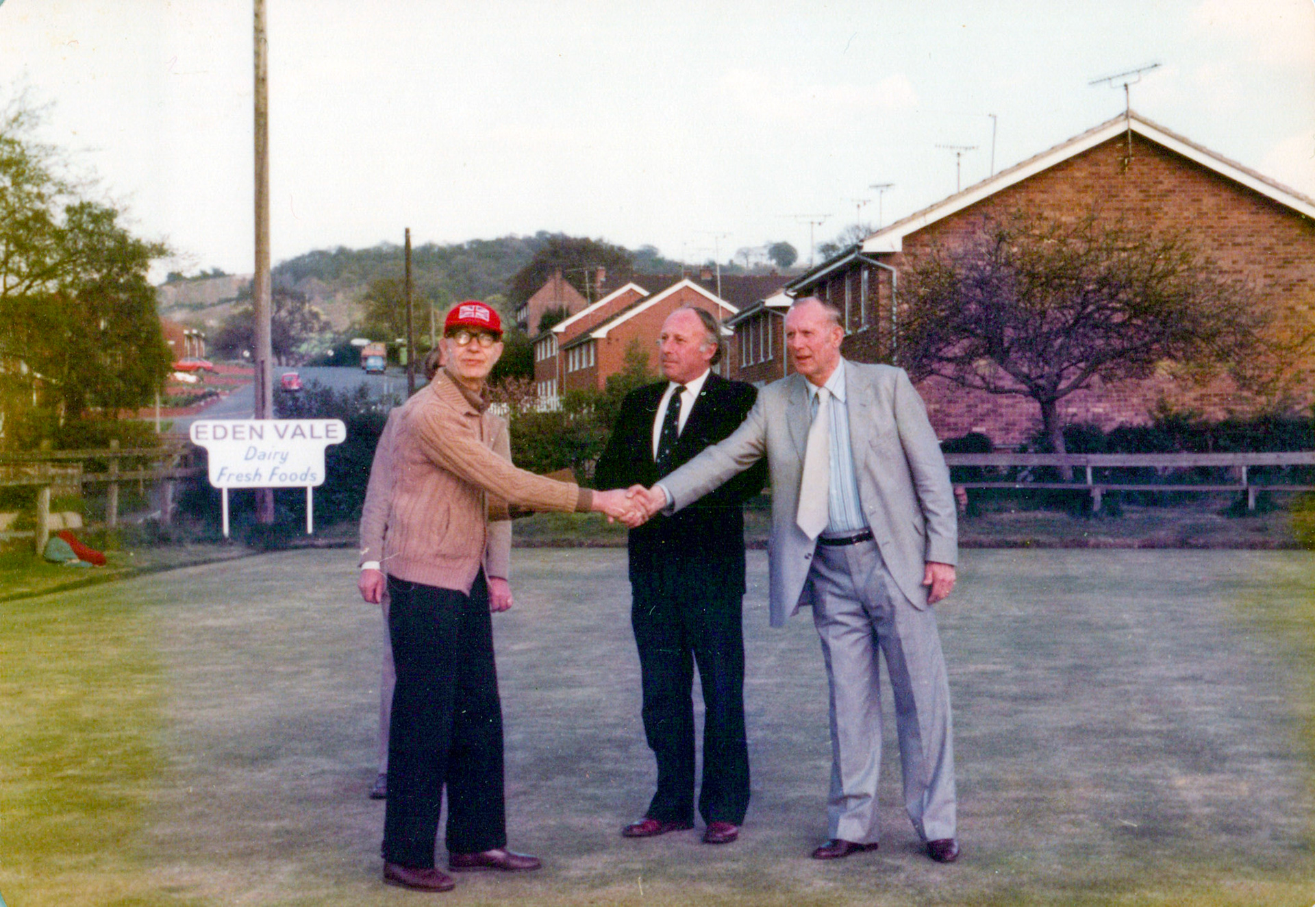 1980's Minsterley Bowling Club. Terry Gray comments "The gentleman with cap is RG Meyrick, four times All England Bowls Champion, from Shrewsbury." Michael Caddick adds "The other two are Michael Gurden (with the black suit), he was the boss at the creamery; and Bert Evans of Minsterley Motors." (Courtesy Joe Lyons)