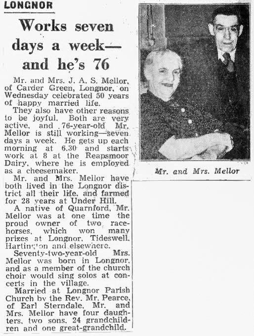 1960s? Reapsmoor Cheese Factory -Mrs and Mrs Mellor's anniversary. Mr Mellor  was 76! and was still working at Reapsmoor cheese factory as cheesemaker. (Courtesy Alan Salt)