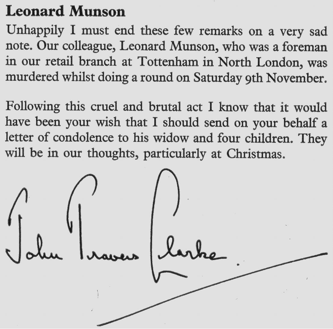 1974 John Travers Clarke records the murder of Leonard Munson, Tottenham foreman, on his round. (Express News Christmas)