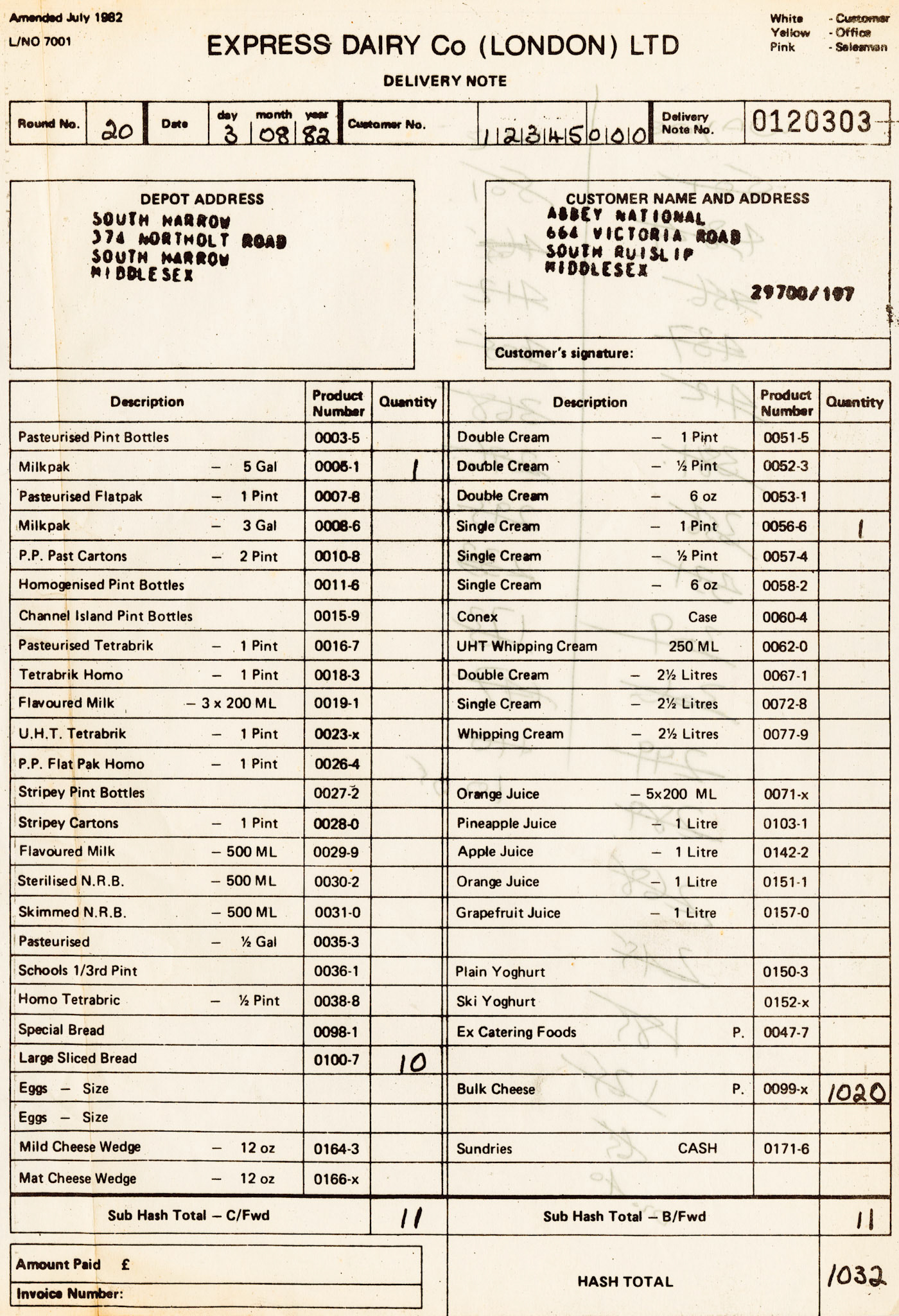 1982 Wholesale delivery note, from South Harrow Depot (Courtesy Michael Aldread)