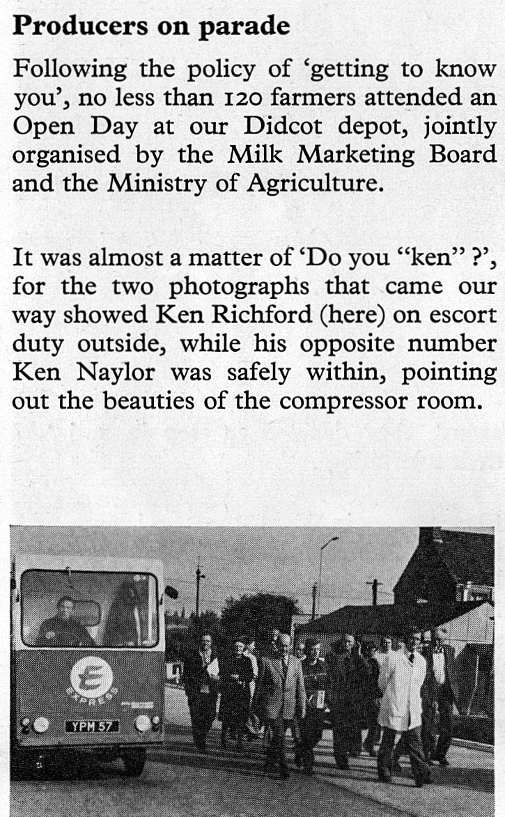 1976 Ken Richford and Ken Naylor welcoming local farmers to Didcot's Open Day, organised by the MMB and the Ministry of Agriculture. Russell Finch comments "Bill Porter Driving that milk float". (Express News Spring)