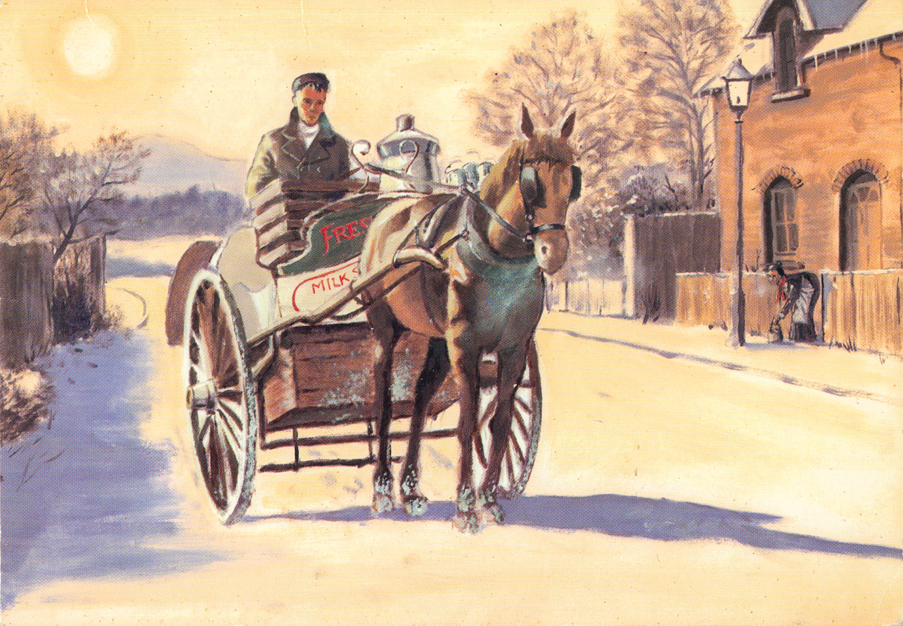 NDBI Xmas card "EARLY MORNING DELIVERY CIRCA 1910" sent by Job's milkman Steve Hooper to his customers. (Presented by Elaine Randall in memory of her mother Gwen Axten who lived in Marlborough Road, Hanworth and collected this set of cards over the years.)