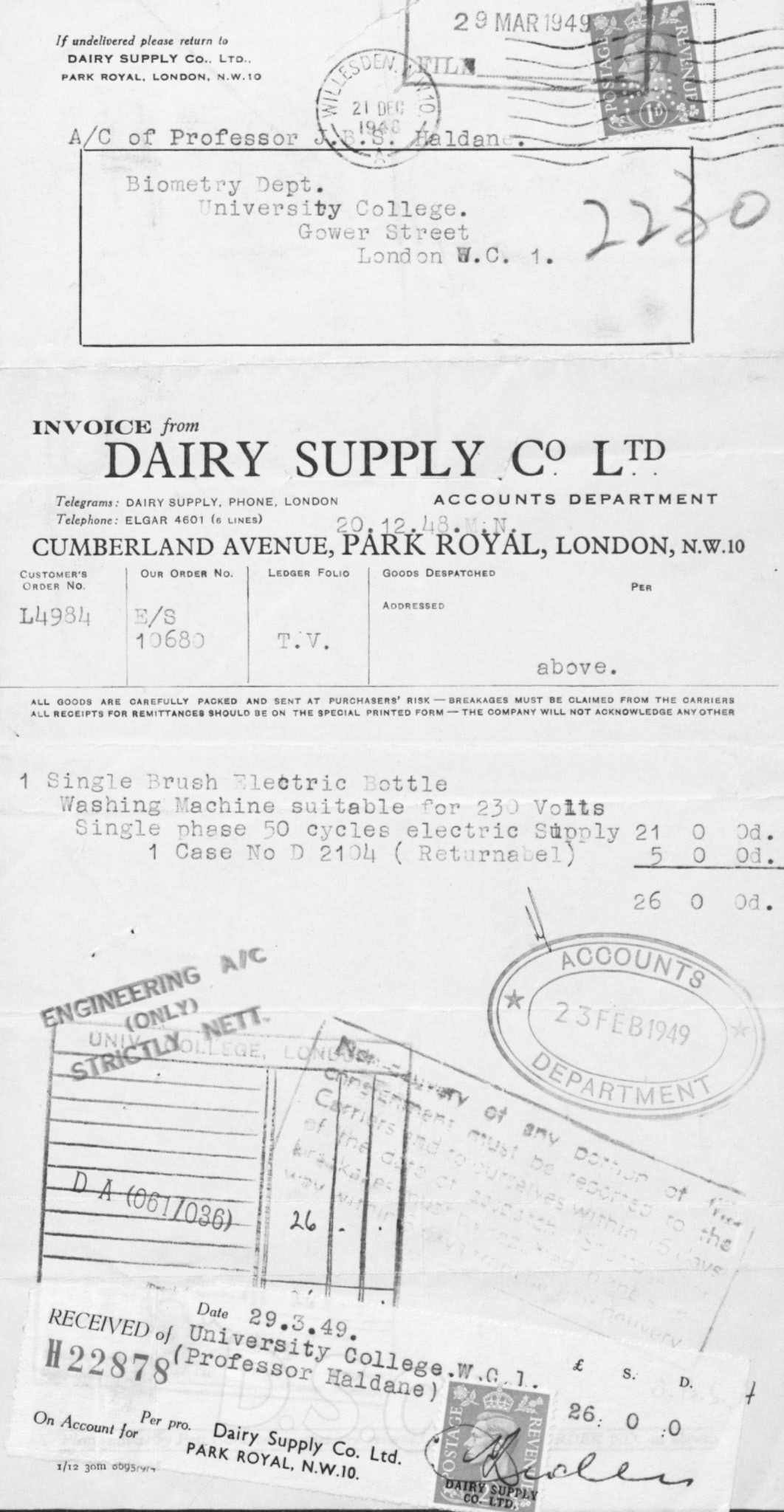 1948 Receipted Invoice from the Dairy Supply Company to Professor J B S Haldane, UCL (Courtesy Wellcome Collection)