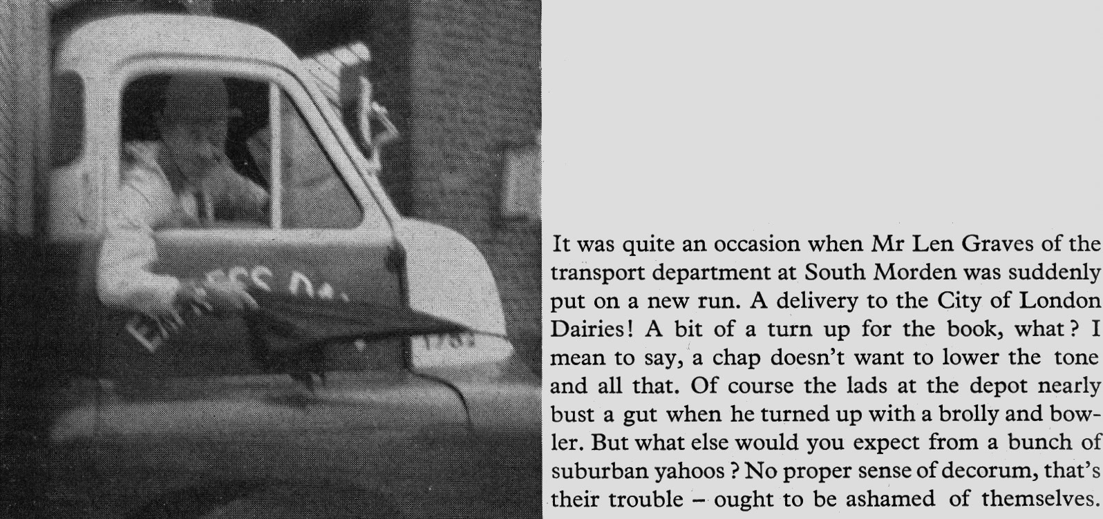 1960 Len Graves of South Morden transport delivers to the City of London Dairies, complete with umbrella. (Express News Christmas)