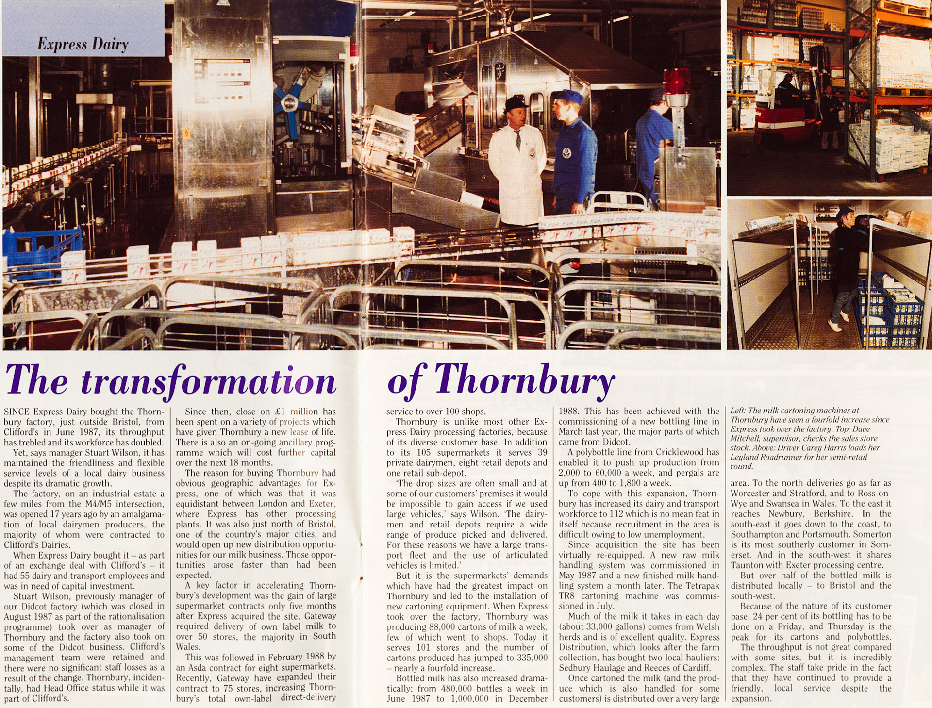 1989 - Thornbury after purchase by Express Dairy in swap in June 1987, published in Express News March 1989 Steve Tyers comments "Dick Seamen in white coat and Grantley Kingscott next to him". Grantley Kingscott comments "That's me stood with my old manager Dick Seamen-I worked there for 22 years in total"
