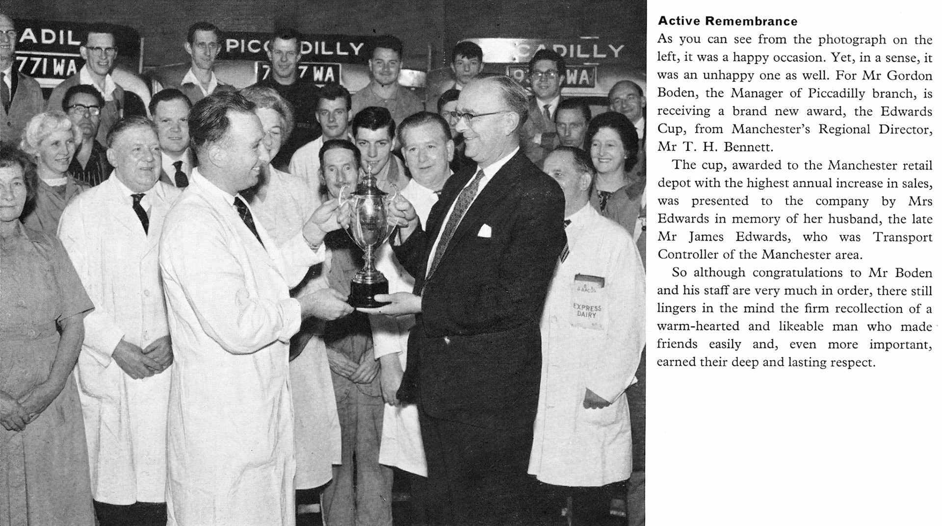 1963 Manchester Piccadilly retail manager Gordon Boden receives a sales award from Regional Director T.H. Bennett. (Express News Autumn)