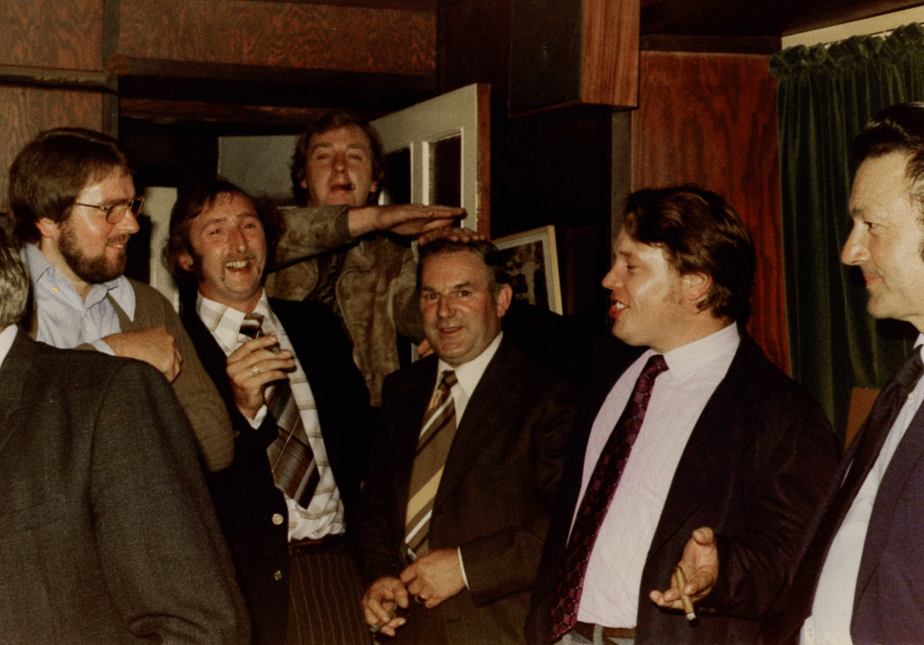 Tracey Garrett comments "Maintenance fitters up to mischief!" Jill Henderson identifies Mike Mortimer, at the back. Lorraine Fletcher identifies Les Bailey, the handsome painter on the right. Others identify Pat Taylor on the left, Micheal Roberts to the right of Esmond Bretton.(Courtesy Joe Lyons)