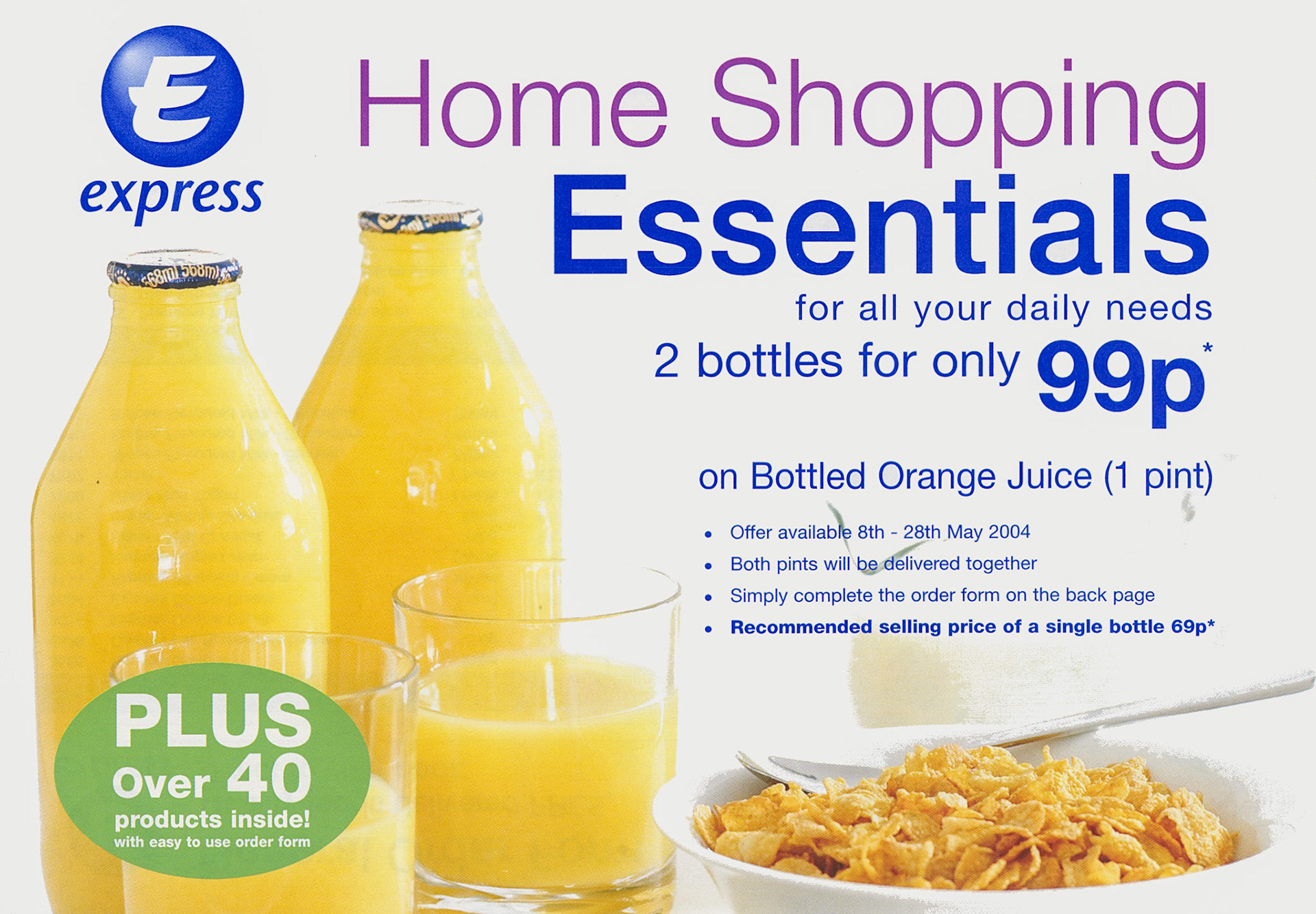 2004 Milkman's doorstep leaflet promoting orange juice in glass bottles and grocery items. (Courtesy Mark Hudson)