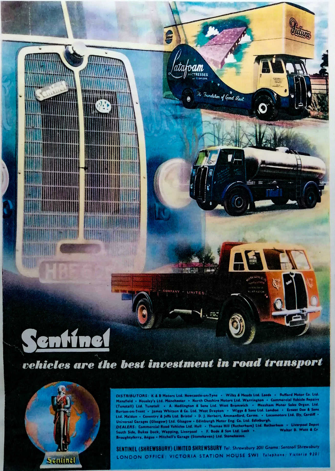 1954 Sentinel Trucks (Shrewsbury) Brochure. The Sentinel DV44 tanker was used by Miers Transport for Ruyton. Gerald Mills comments "It had a 6 litre engine, producing 90 BHP, 5 speed overdrive, reverse gate David Brown gearbox and Kirkstall axles, with a top speed of 39 MPH." (Courtesy Gerald Mills)