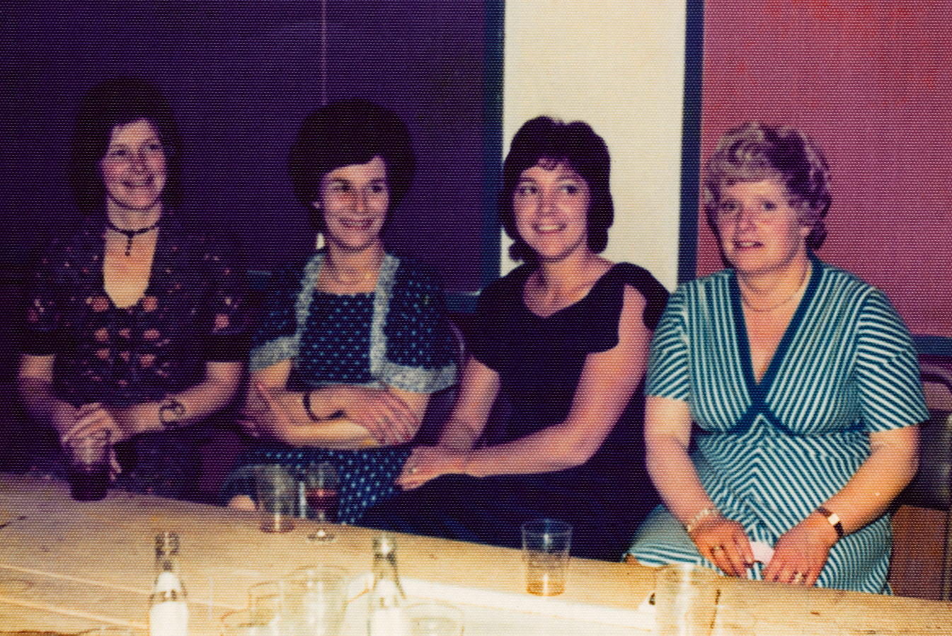 198? Minsterley Christmas Party. Dawn Balmer identifies Gill Wilson, Christine Balmer (nee Carswell) and Jennifer Jones in the middle. Stella Trow on right. Stephen Wilson adds "Gill Wilson's husband Dave worked at the creamery for a long time, from mid 70s" (Joe Lyons Collection)