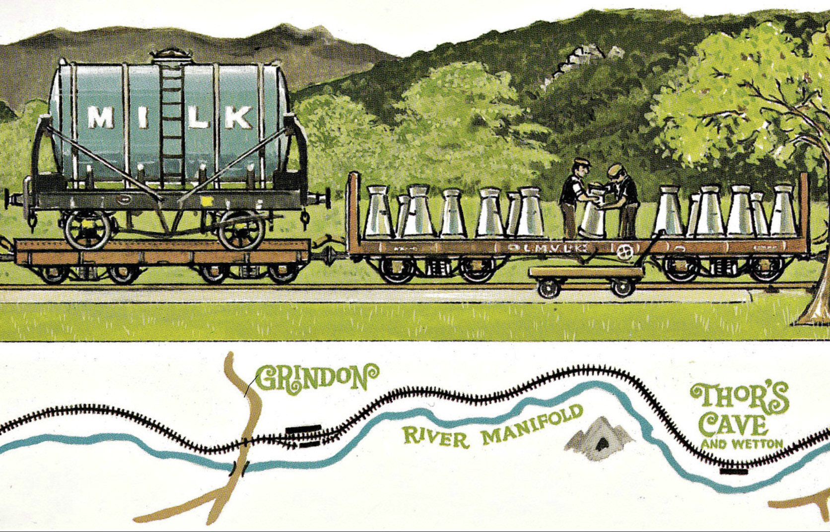 1920's? A milk wagon on a short transporter wagon and one of the railway's two bogie open wagons loaded with milk churns. Dalkeith Trade Card No.75 (Courtesy Transports of Delight)
