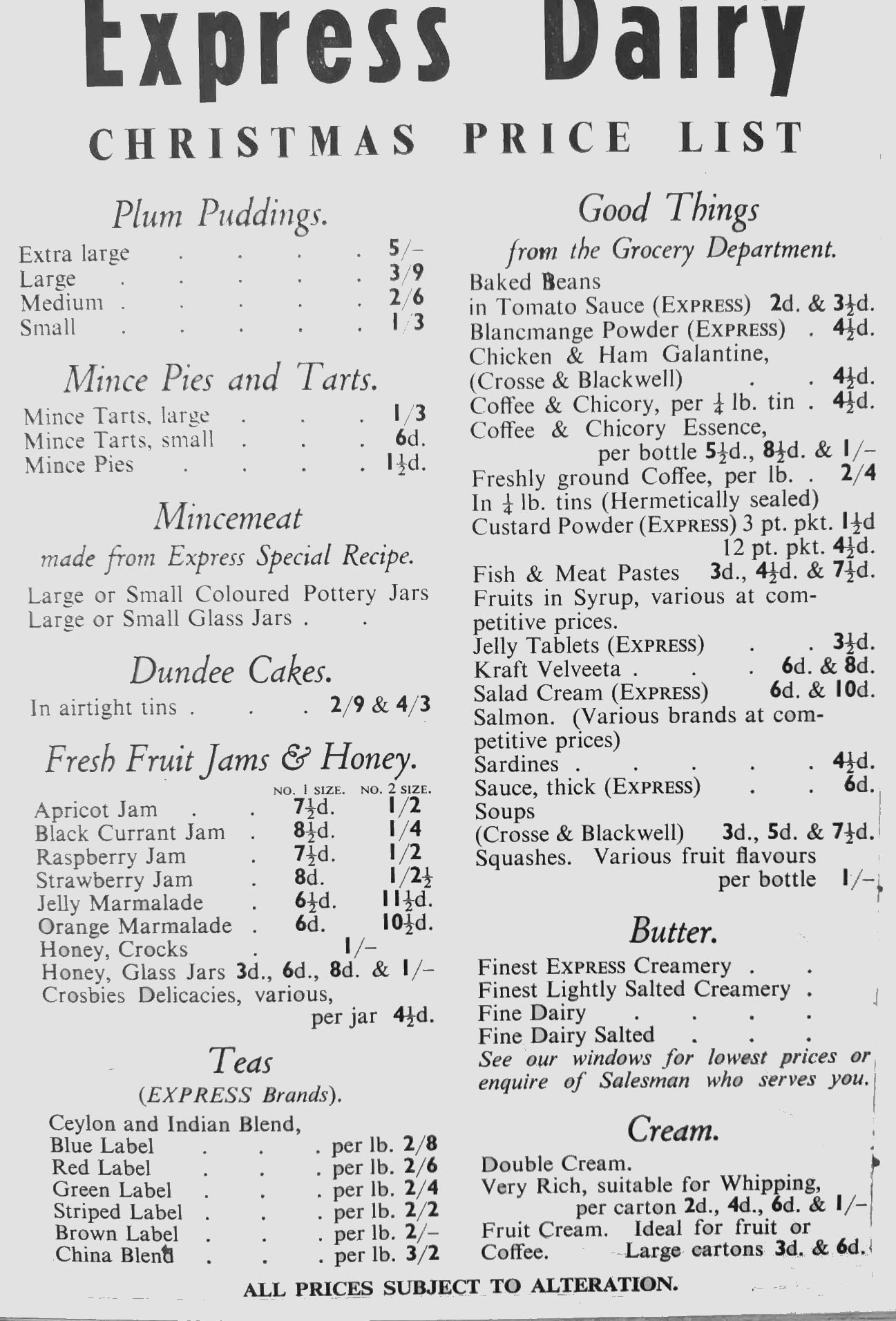 1905 Christmas Price List (Courtesy Gerald Croxford)
