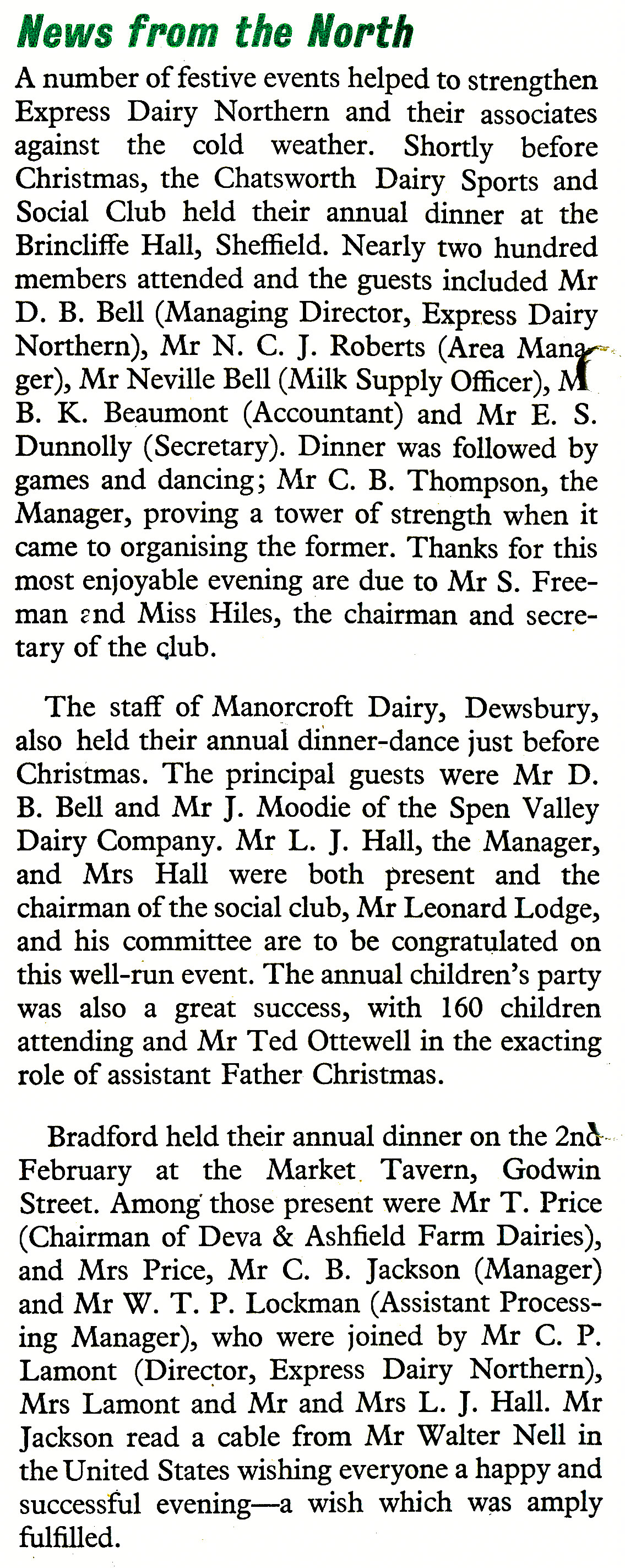 1956 Long Service Dinners  at Sheffield, Dewsbury and Bradford.  (Express News April)